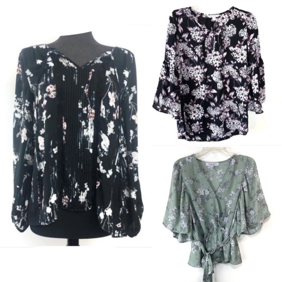 Three Mixed Floral Top Bundle Lot of Dressy Tops Blouses Statement Top SZ S M - Picture 1 of 14